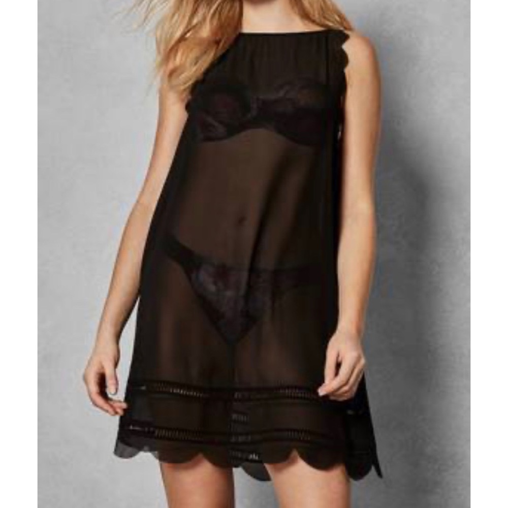 NWT Ted Baker Scalloped Hem Black Sheer Sleeveless Tunic Swim Coverup - medium